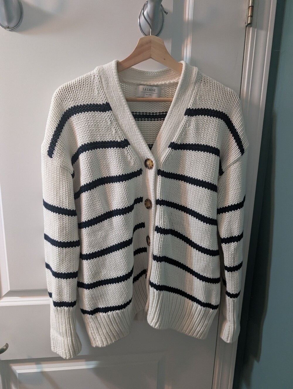 La Ligne - Ivory and Black Striped Button-Front Cardigan